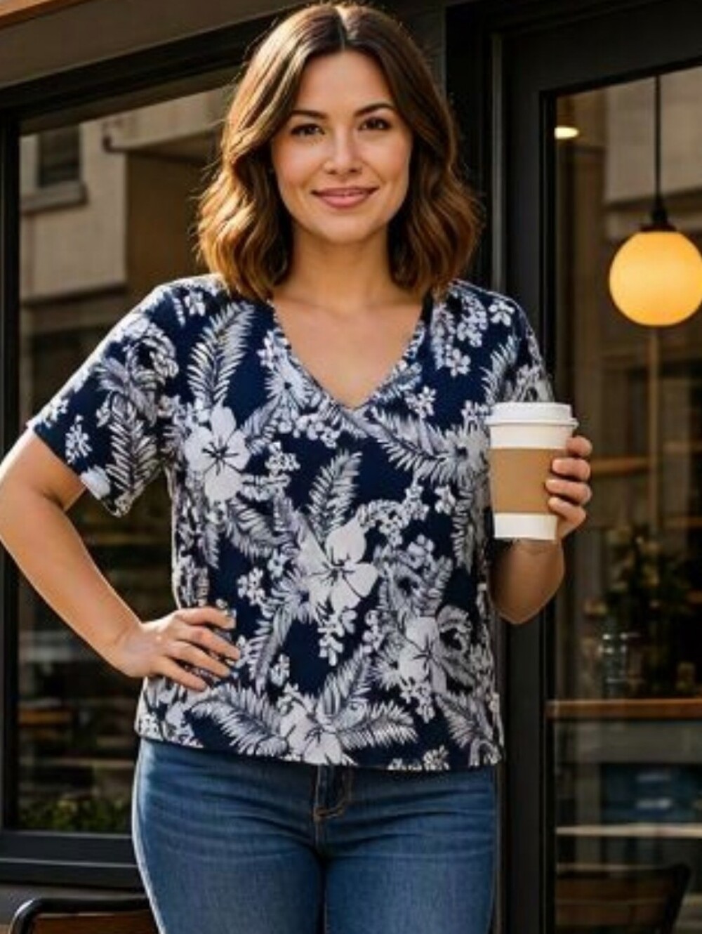 Talbots Woman Navy Blue and White Floral V-Neck Short Sleeve Top 3X